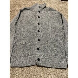 J.Crew Mens Lg Grey Marled Ribbed Knit Mock Neck Button Front Cardigan Sweater